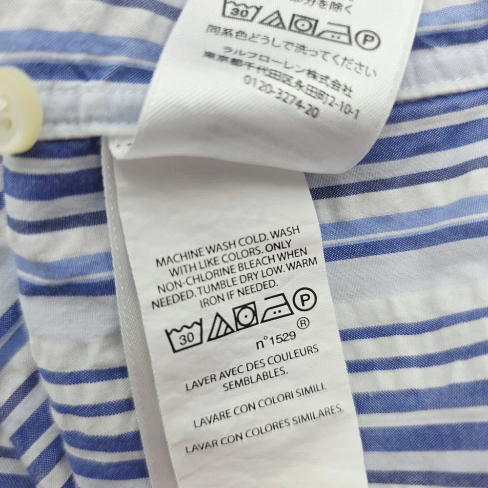 Polo Ralph Lauren Classic Fit RL Untucked Men Large Blue White Stripe Short Slee